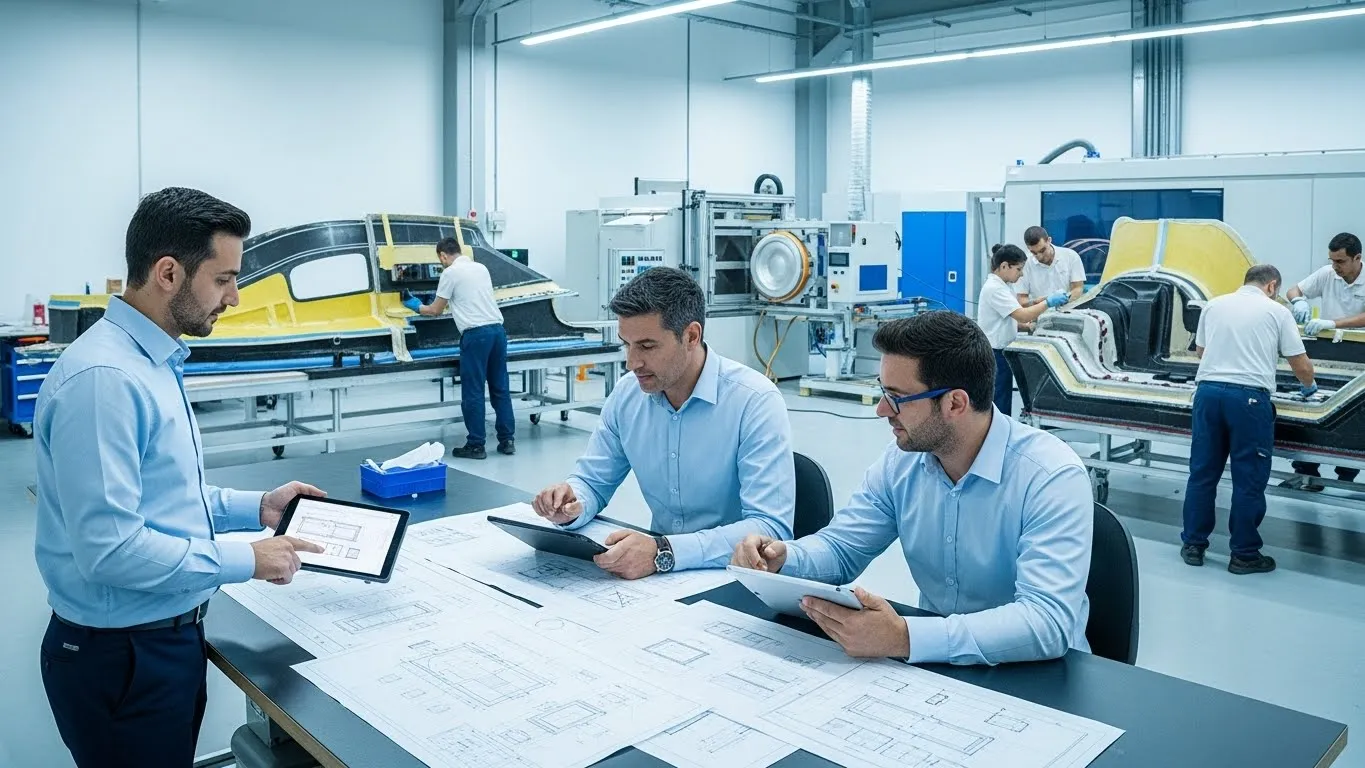 Engineering team reviewing composite product designs inside a manufacturing facility