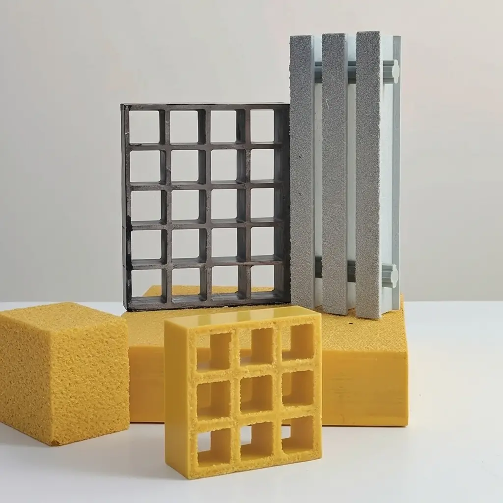 FRP grating and filtration media components displayed for industrial applications