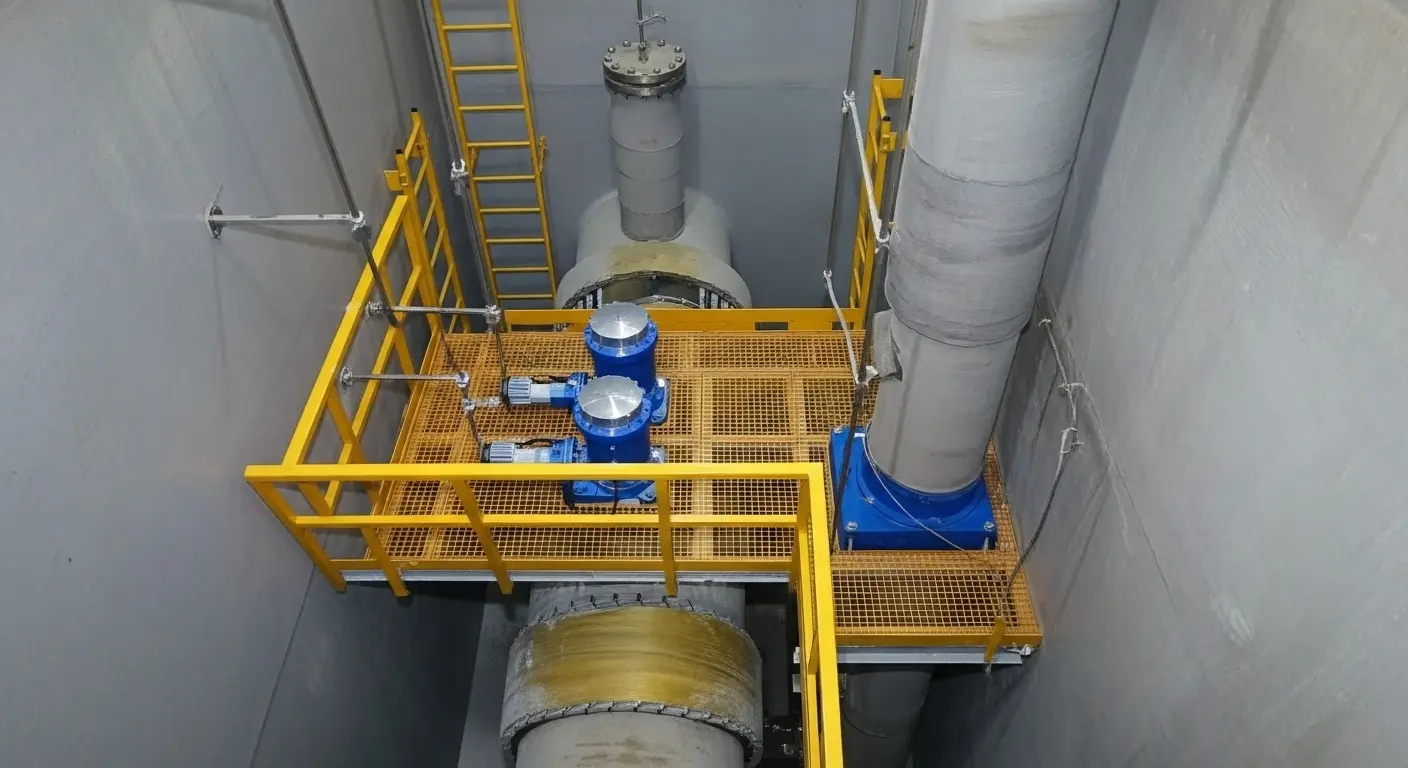 FRP grating platform installed in pump room with industrial piping system