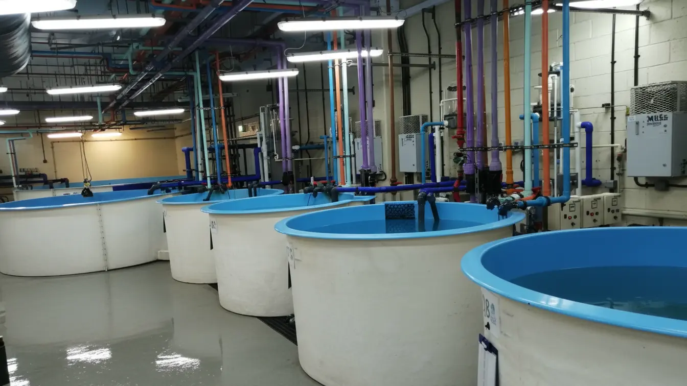 GRP fish husbandry tanks with piping system in aquaculture facility