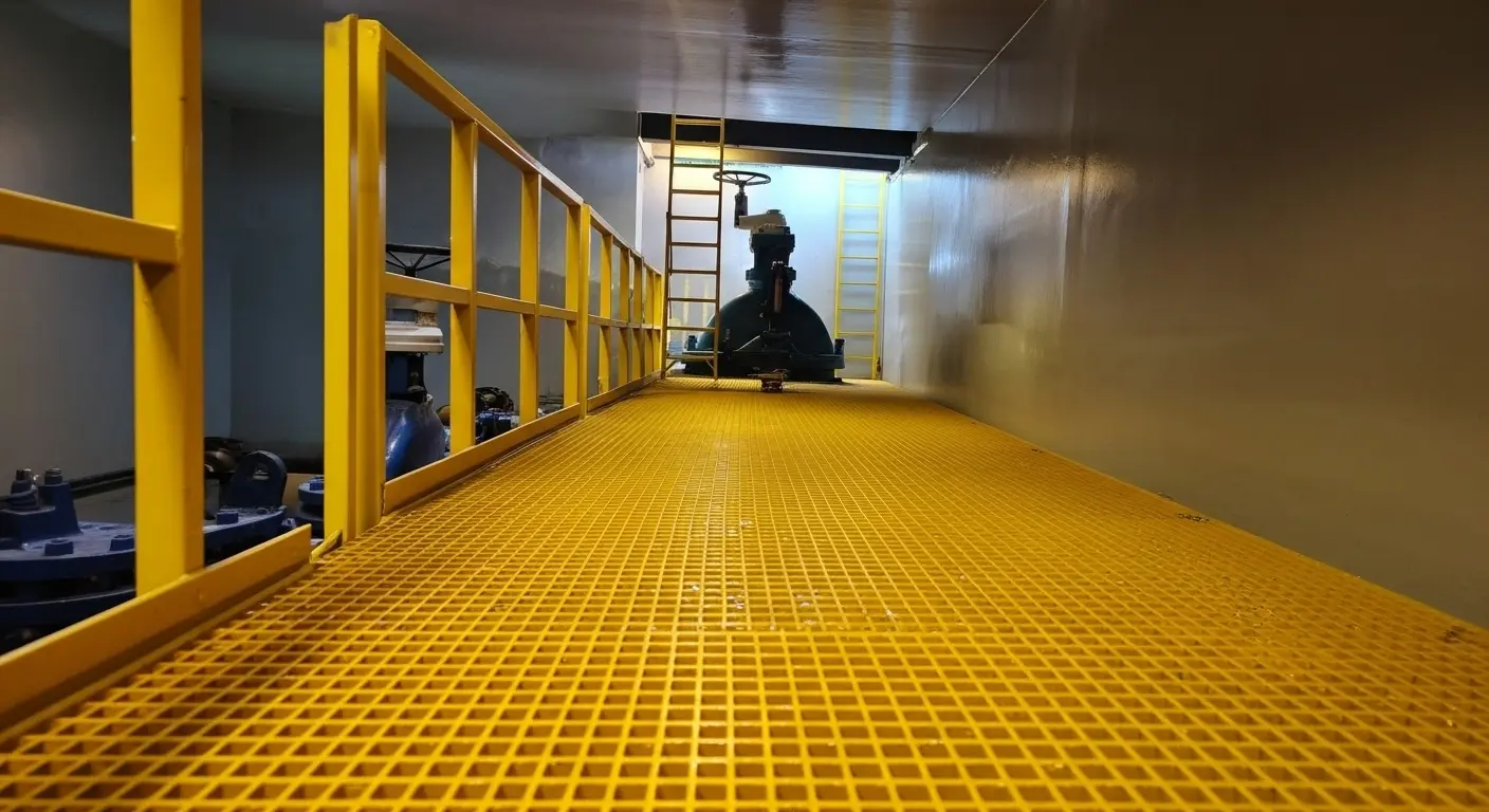 GRP grating walkway platform inside industrial facility
