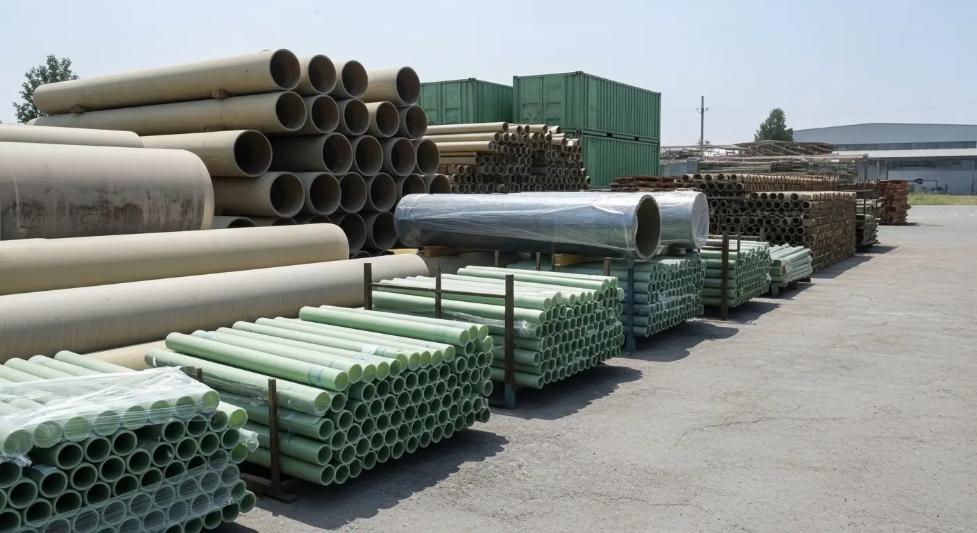 GRP GRE pipes stacked in outdoor storage yard in UAE for industrial pipeline projects