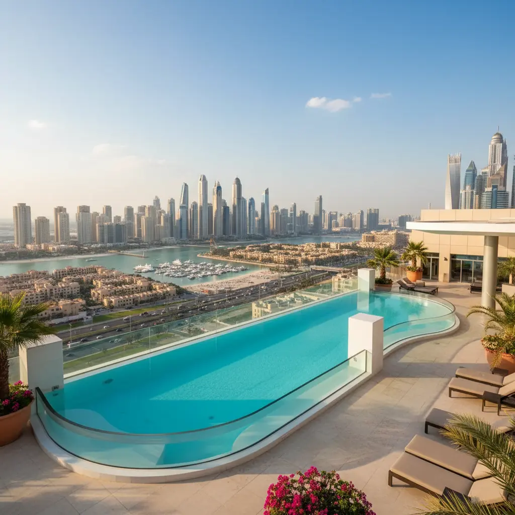 luxury GRP infinity pool overlooking Dubai skyline in high-end residential villa