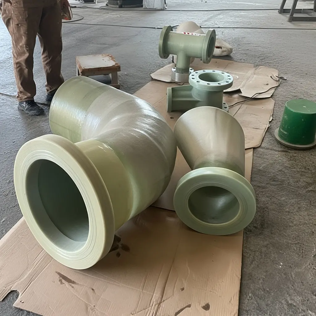 GRP pipe fittings including reducers and tees for industrial piping systems