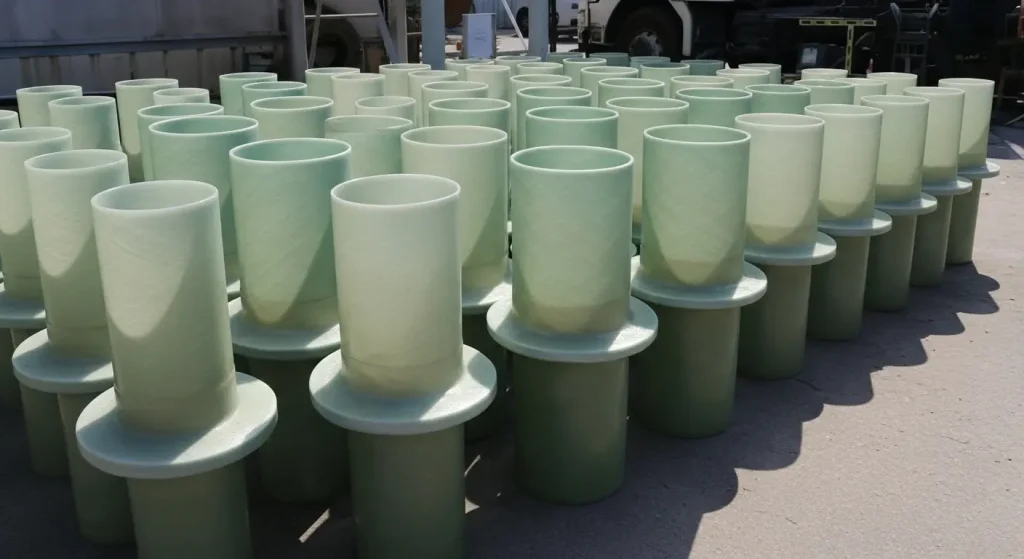 GRP pipe spool components lined up for industrial piping installation