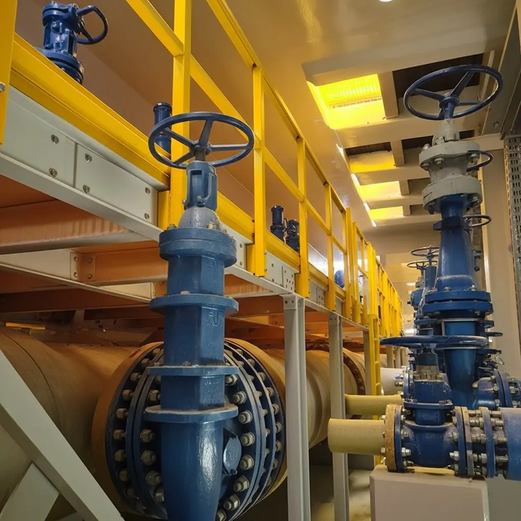 GRP pipeline system with industrial valves and control mechanisms