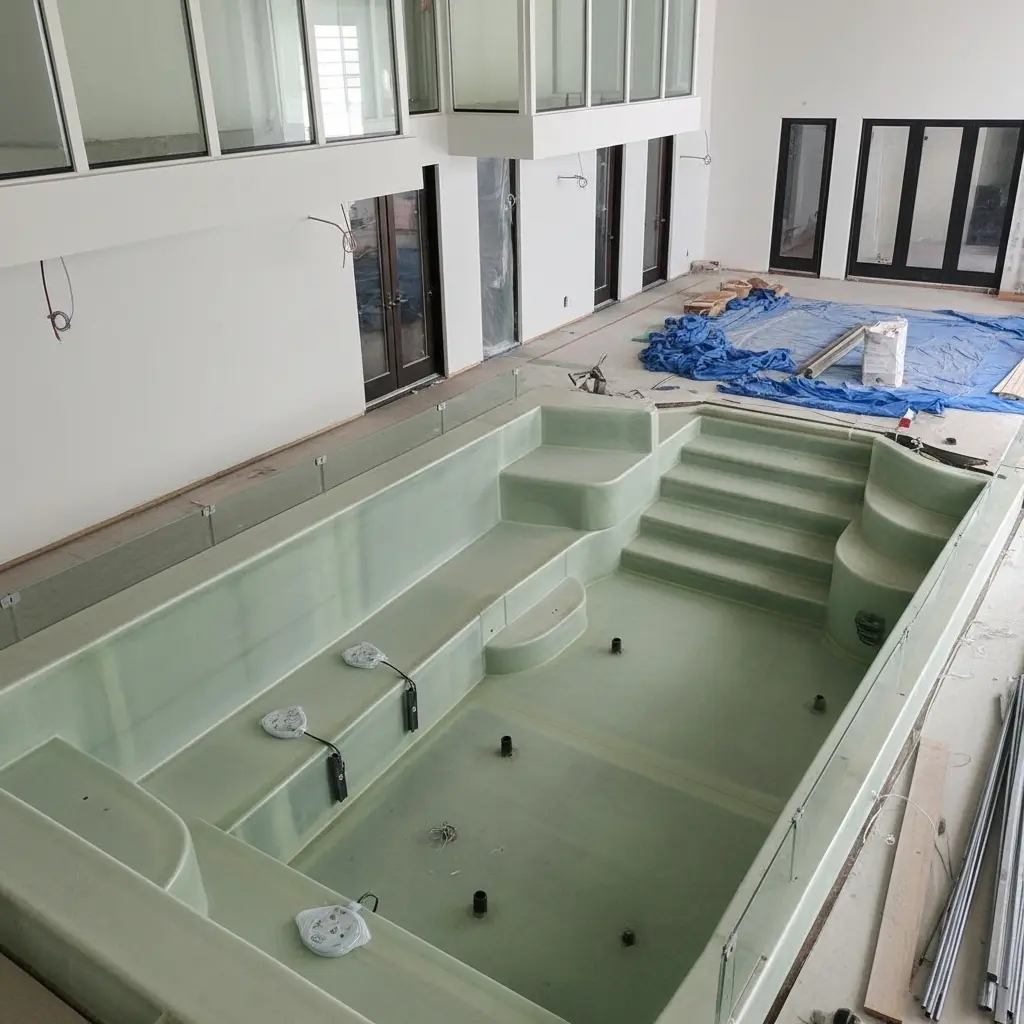 GRP swimming pool structure installed inside residential building under construction