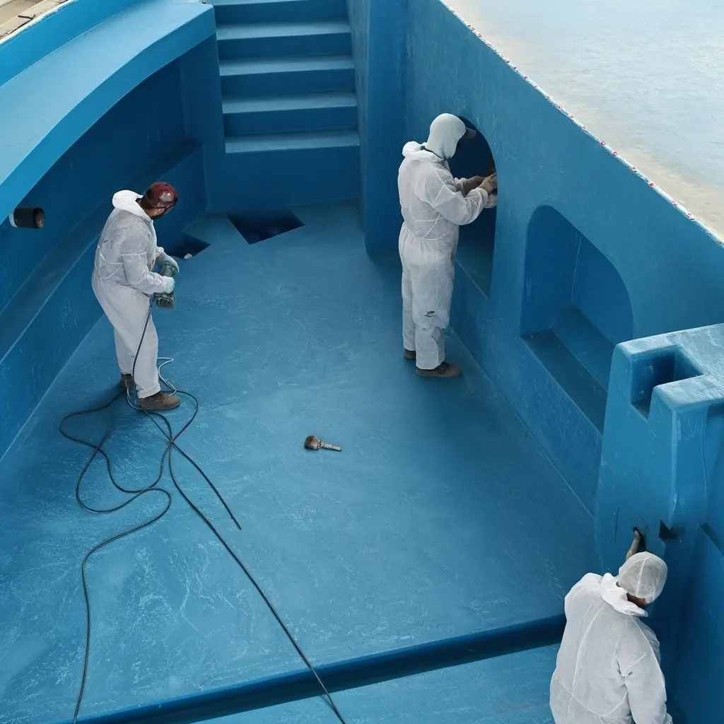 workers performing surface finishing and detailing inside GRP swimming pool