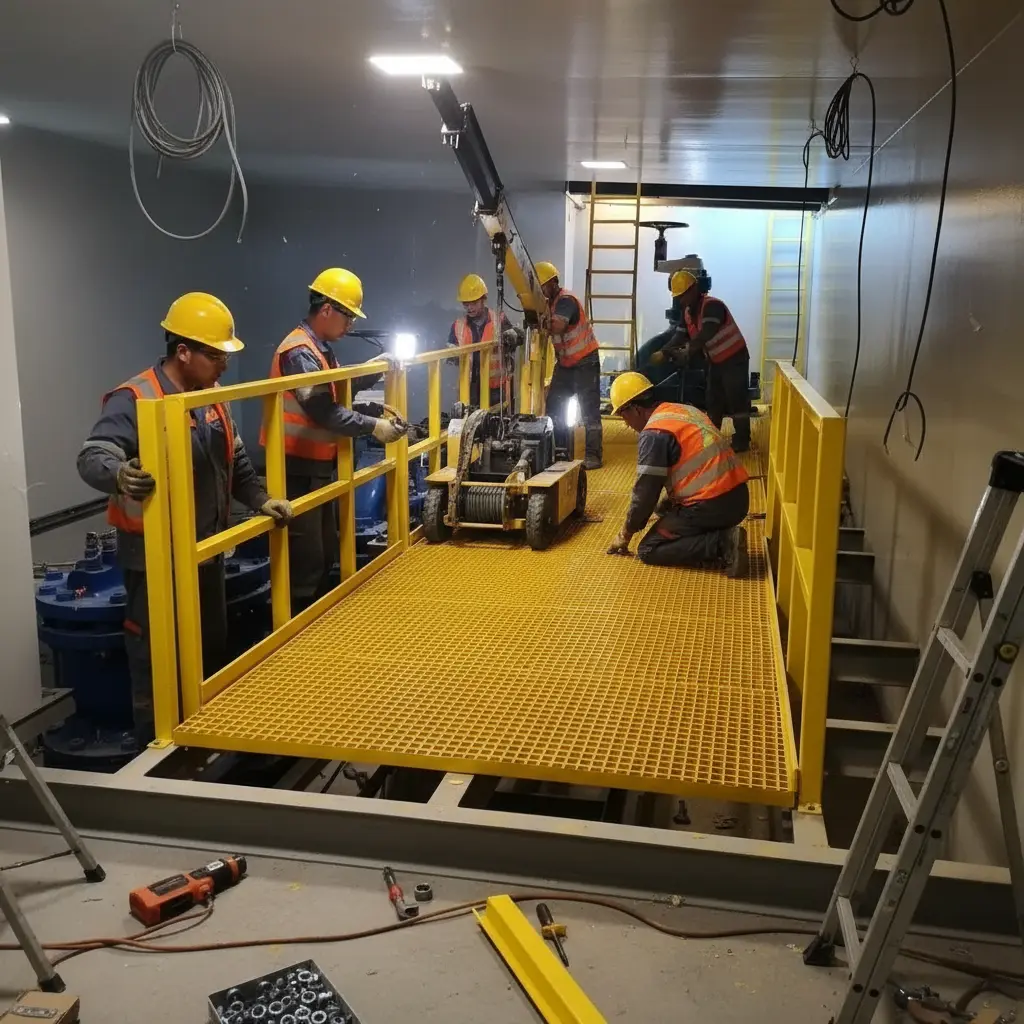workers installing GRP systems inside industrial facility with safety gear
