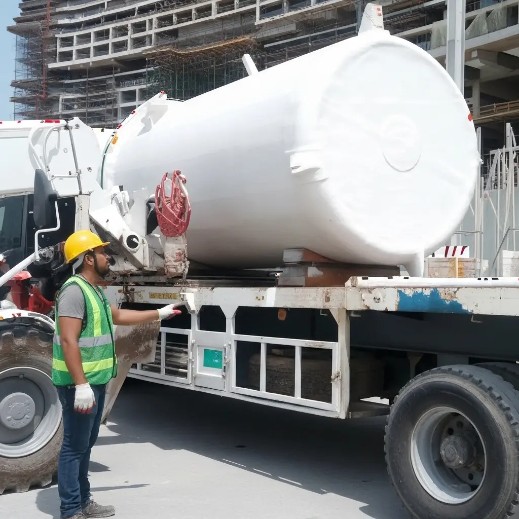 GRP storage tank transported on truck for site delivery in UAE