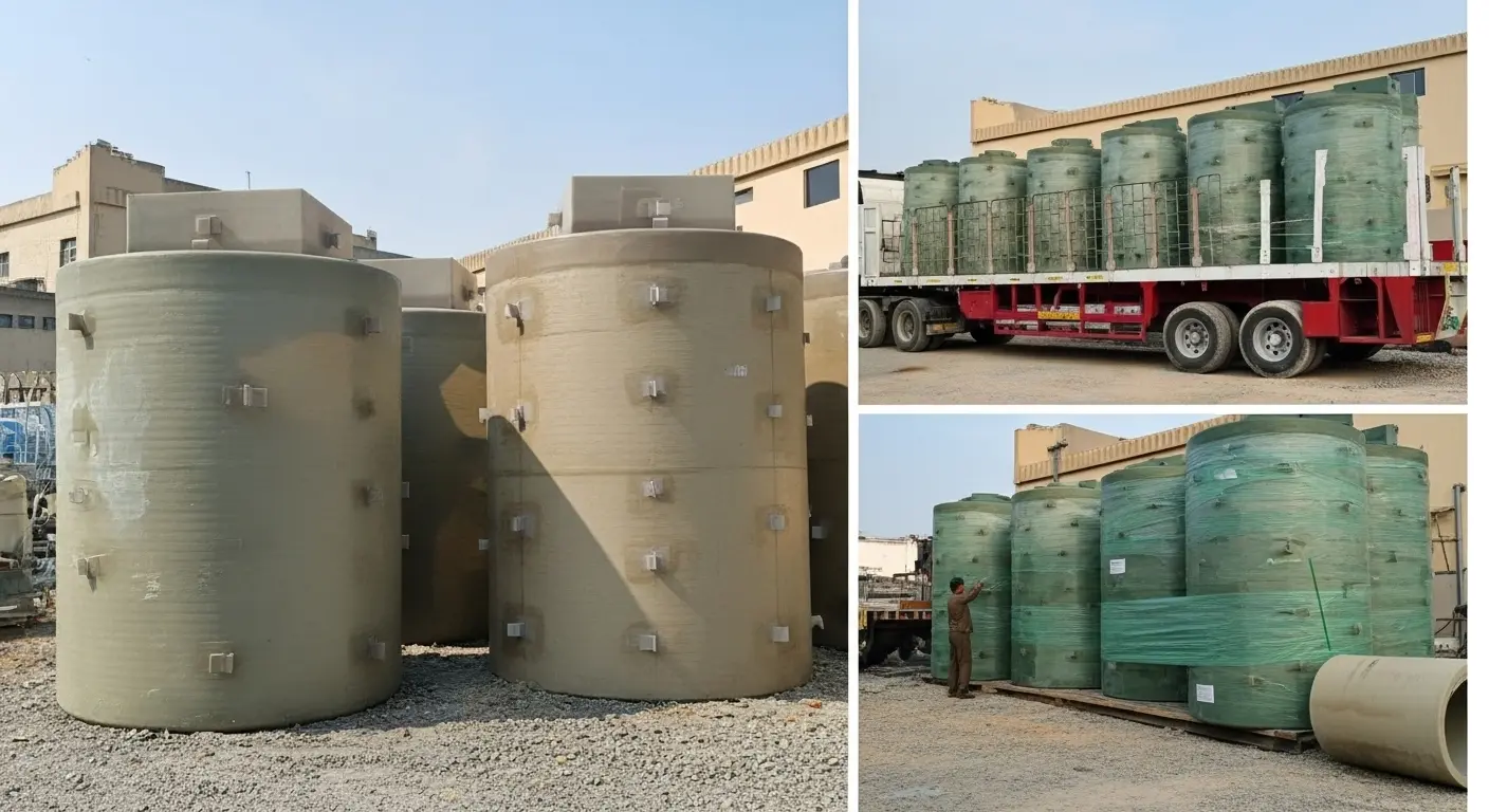 GRP tanks manufactured and transported for industrial and infrastructure projects in UAE