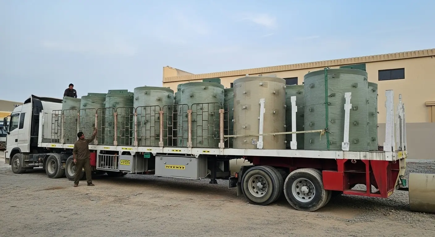 GRP tanks loaded on truck for delivery to construction and industrial sites