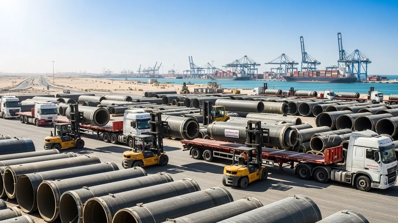 Composite pipes prepared for delivery and installation at a UAE project site