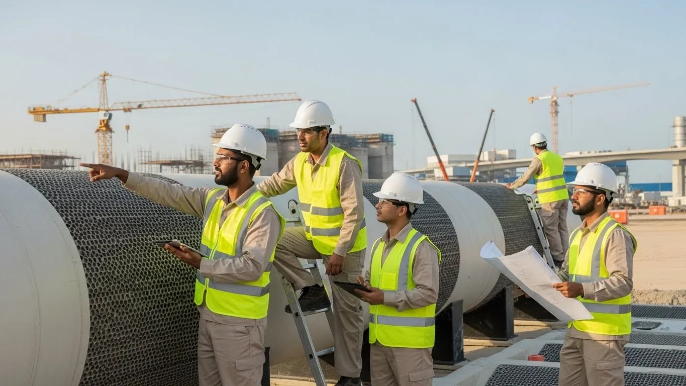Engineers inspecting composite pipeline installation at a UAE infrastructure project