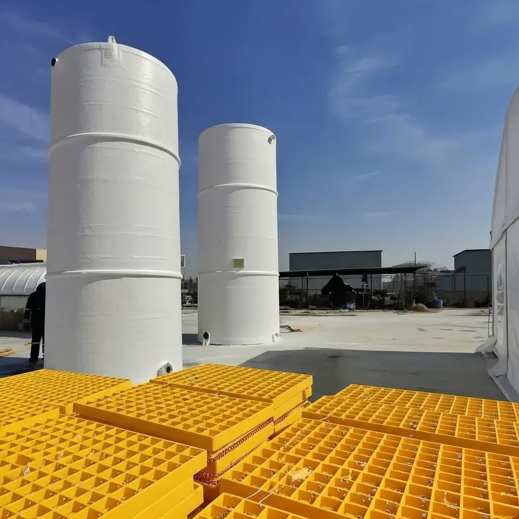 GRP storage tanks and FRP gratings in UAE industrial facility for chemical and water storage