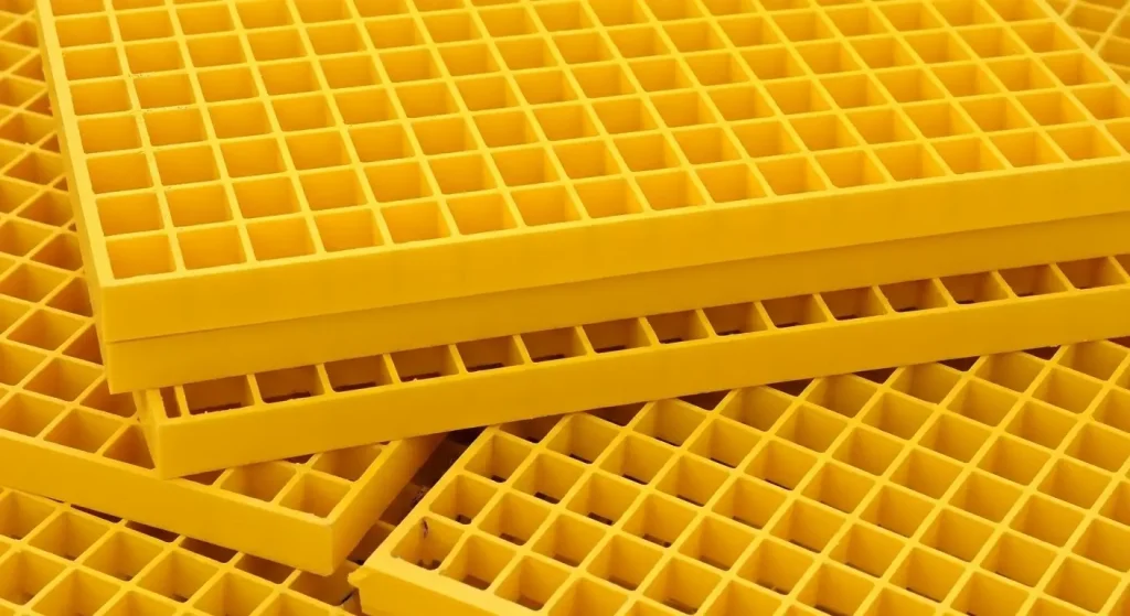 yellow FRP gratings panels for industrial flooring and drainage systems in UAE