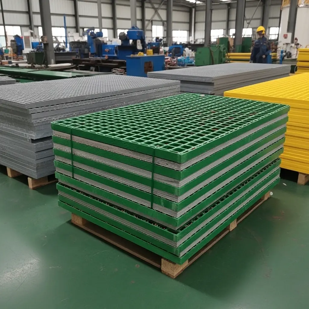 stacked GRP FRP grating panels in UAE factory ready for industrial installation