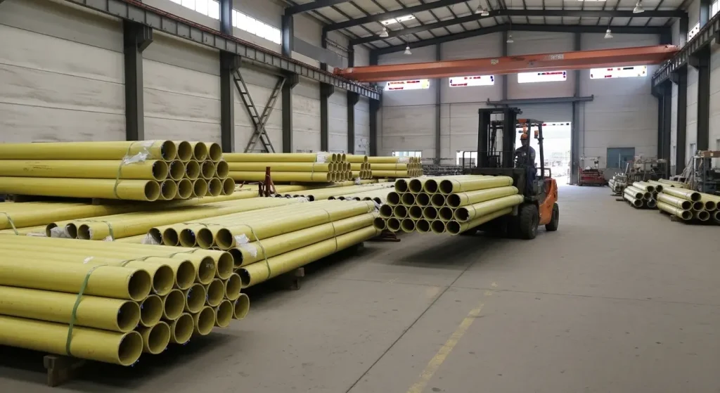 GRP GRE pipes stacked in UAE manufacturing facility with forklift handling composite pipes