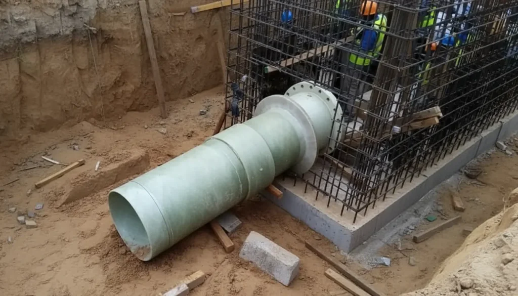 GRP pipe installation in UAE construction site with concrete chamber and underground pipeline connection