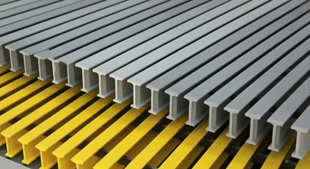 GRP structural I beams and FRP profiles for industrial construction and support systems