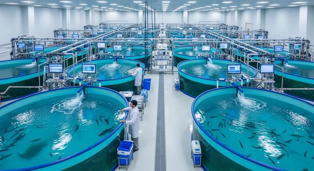 GRP fish farming tanks in UAE aquaculture facility with circular tanks and water circulation system