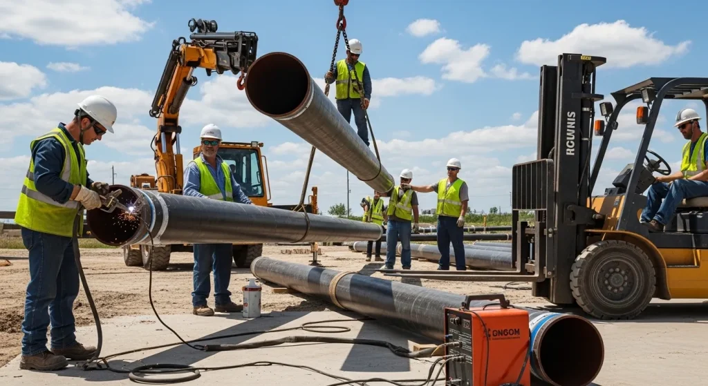 GRP GRE pipes installation in UAE industrial site with workers handling large diameter composite pipeline