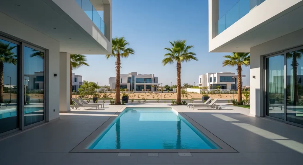 GRP swimming pool in modern UAE villa with rectangular fiberglass pool design