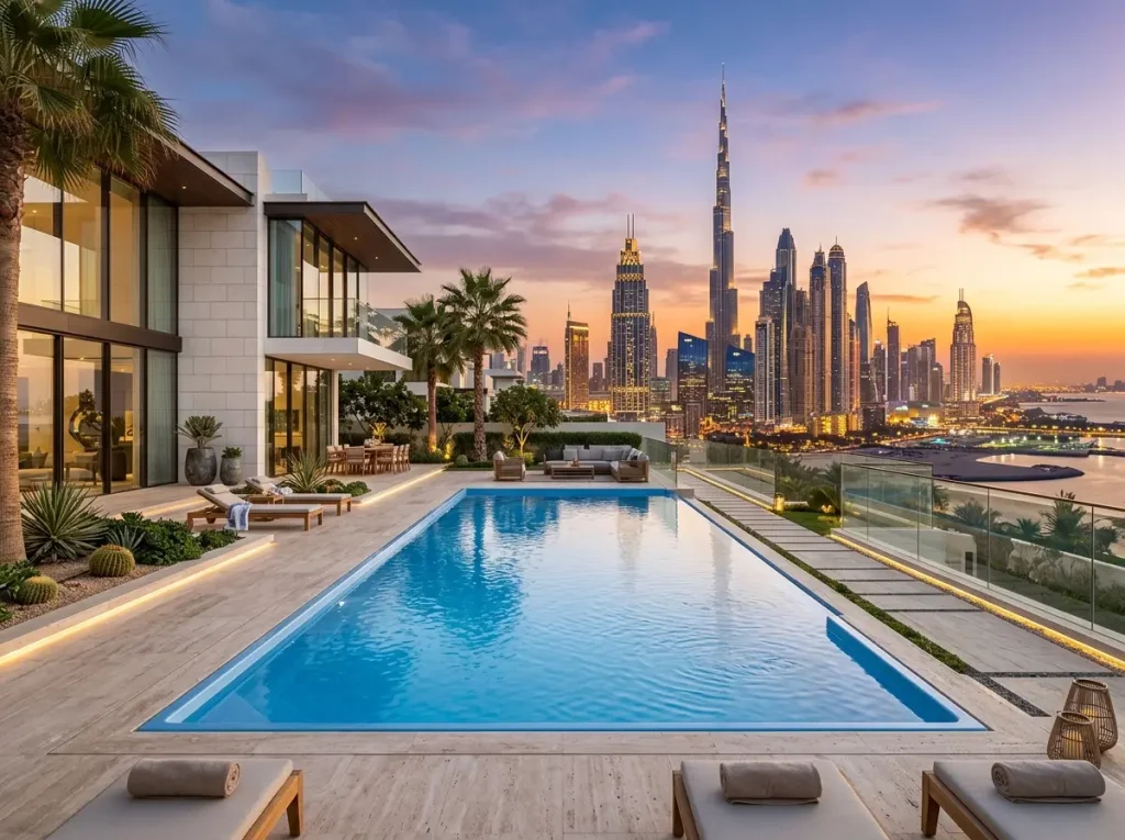 Seamless GRP fiberglass swimming pool installed at a luxury Dubai villa, engineered by EFG Composites for thermal and saline soil resistance.