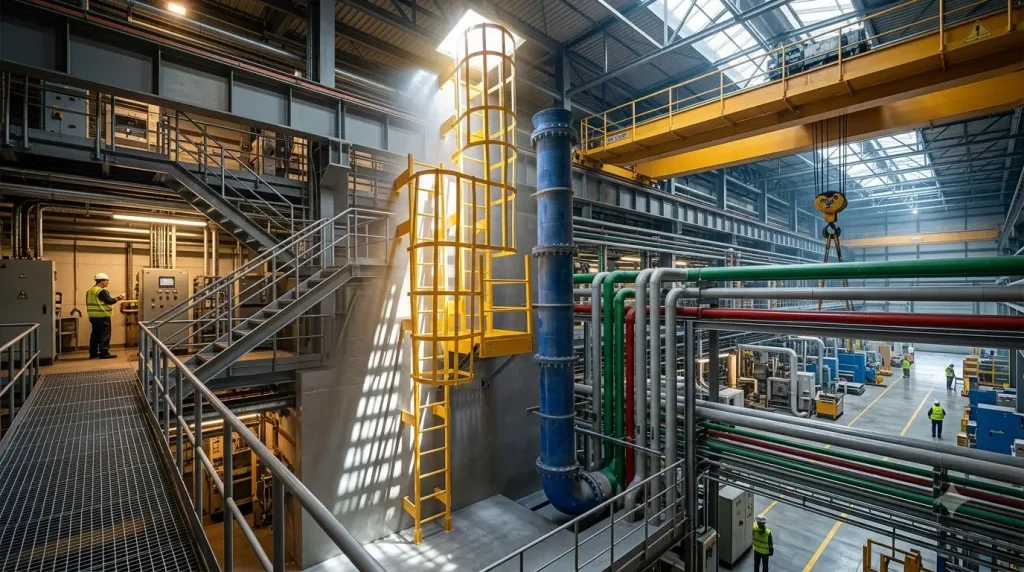 GRP ladder with safety cage providing access between platform levels in an industrial processing facility