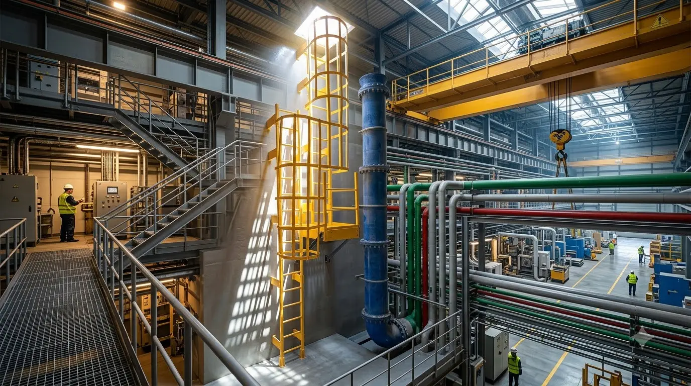 GRP ladder with safety cage providing access between platform levels in an industrial processing facility