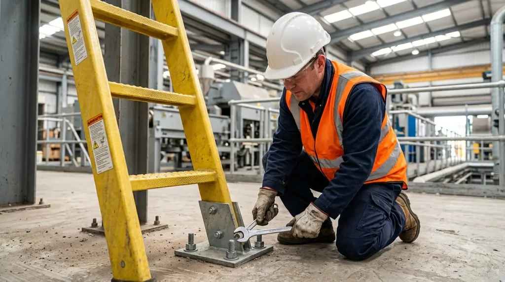 Technician inspecting mounting hardware on a GRP ladder during routine maintenance check