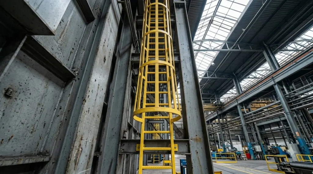 GRP ladder with safety cage illustrating fixed ladder safety compliance features
