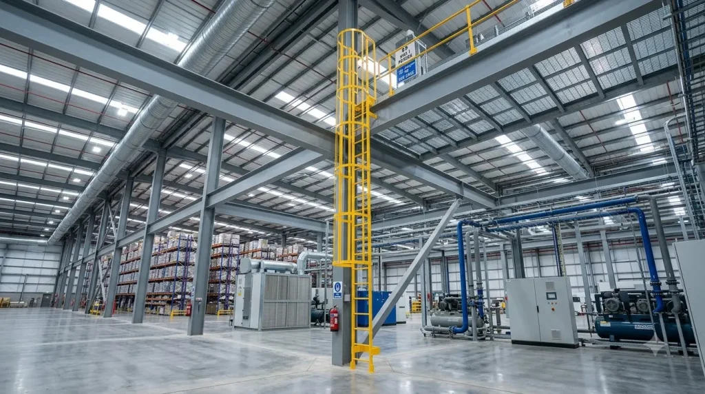 GRP ladder with safety cage installed for elevated mezzanine access in a UAE warehouse facility