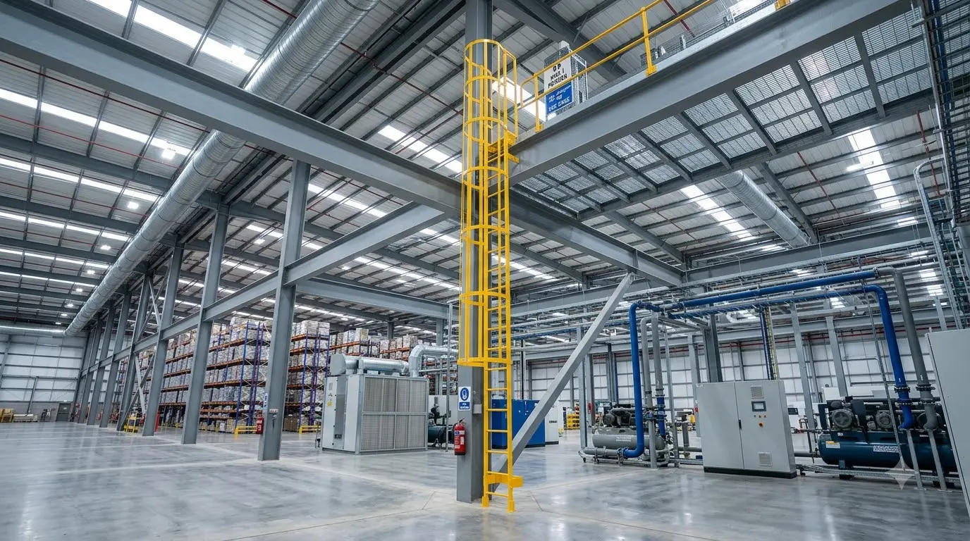 GRP ladder with safety cage installed for elevated mezzanine access in a UAE warehouse facility