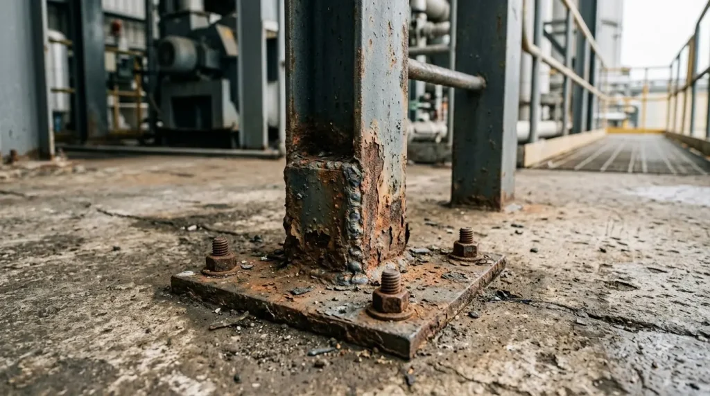 Close-up of corrosion damage at a steel access ladder weld joint and base plate