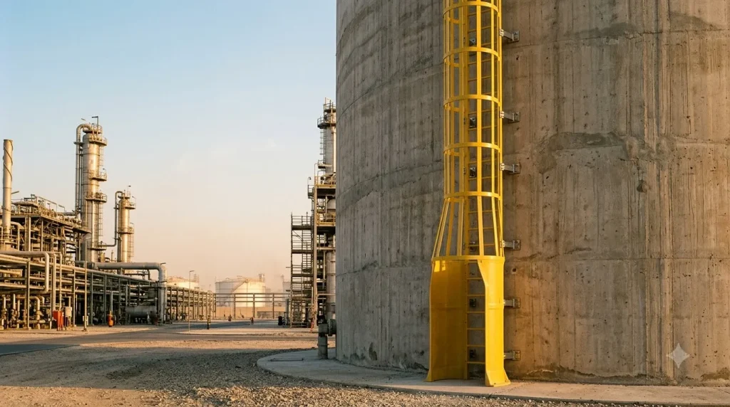 Representative illustration of an industrial safety-yellow GRP fixed vertical ladder featuring an OSHA and BS EN ISO compliant safety cage