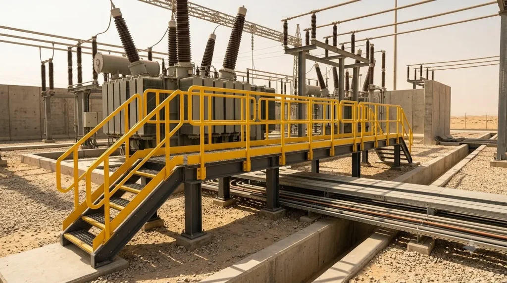 Illustrative representation of a dielectric, non-conductive GRP walkway platform and safety handrails for electrical utility environments
