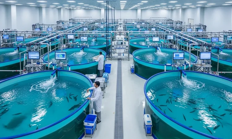 GRP fish farming tanks in UAE aquaculture facility with circular tanks and water circulation system