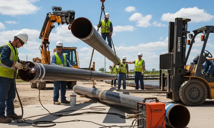 GRP GRE pipes installation in UAE industrial site with workers handling large diameter composite pipeline