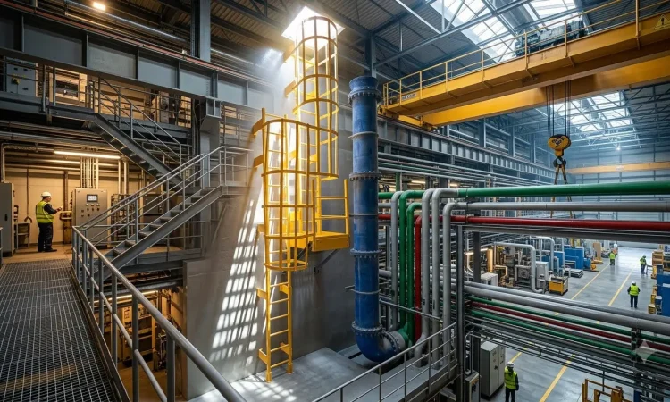 GRP ladder with safety cage providing access between platform levels in an industrial processing facility