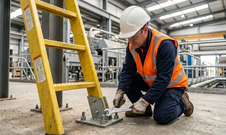 Technician inspecting mounting hardware on a GRP ladder during routine maintenance check