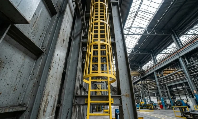 GRP ladder with safety cage illustrating fixed ladder safety compliance features