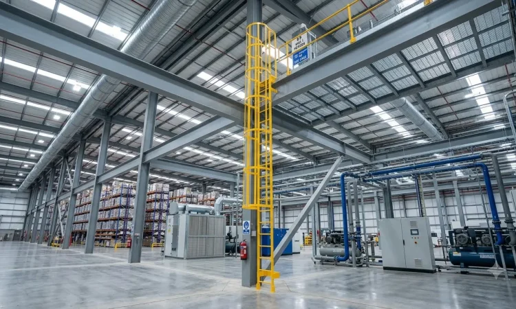 GRP ladder with safety cage installed for elevated mezzanine access in a UAE warehouse facility