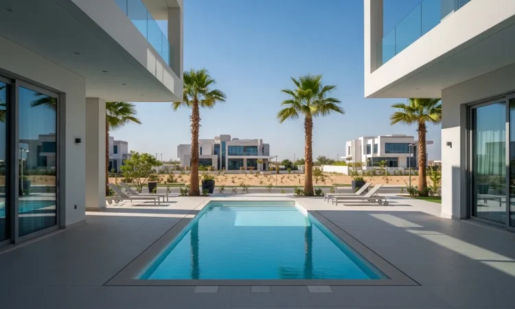 GRP swimming pool in modern UAE villa with rectangular fiberglass pool design