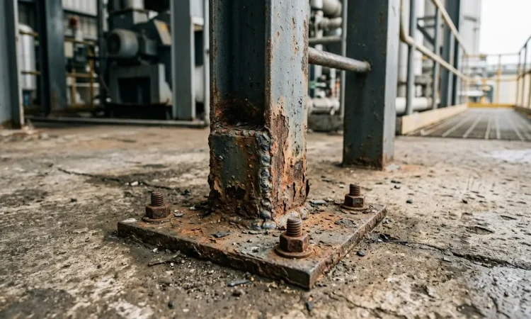 Close-up of corrosion damage at a steel access ladder weld joint and base plate